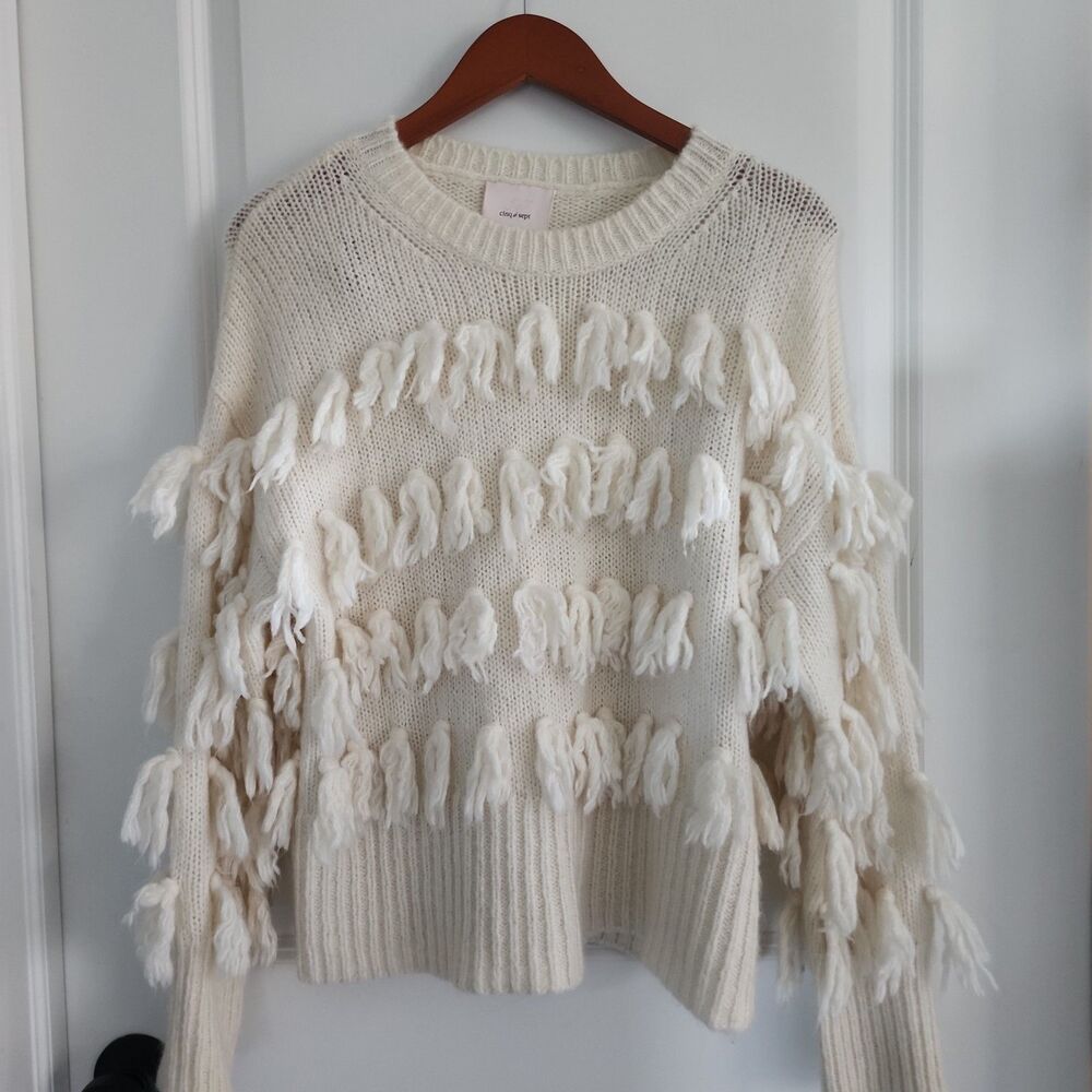 Cinq à Sept Aurelia Tassel Sweater Size Small Ivory Crewneck  Coastal Western